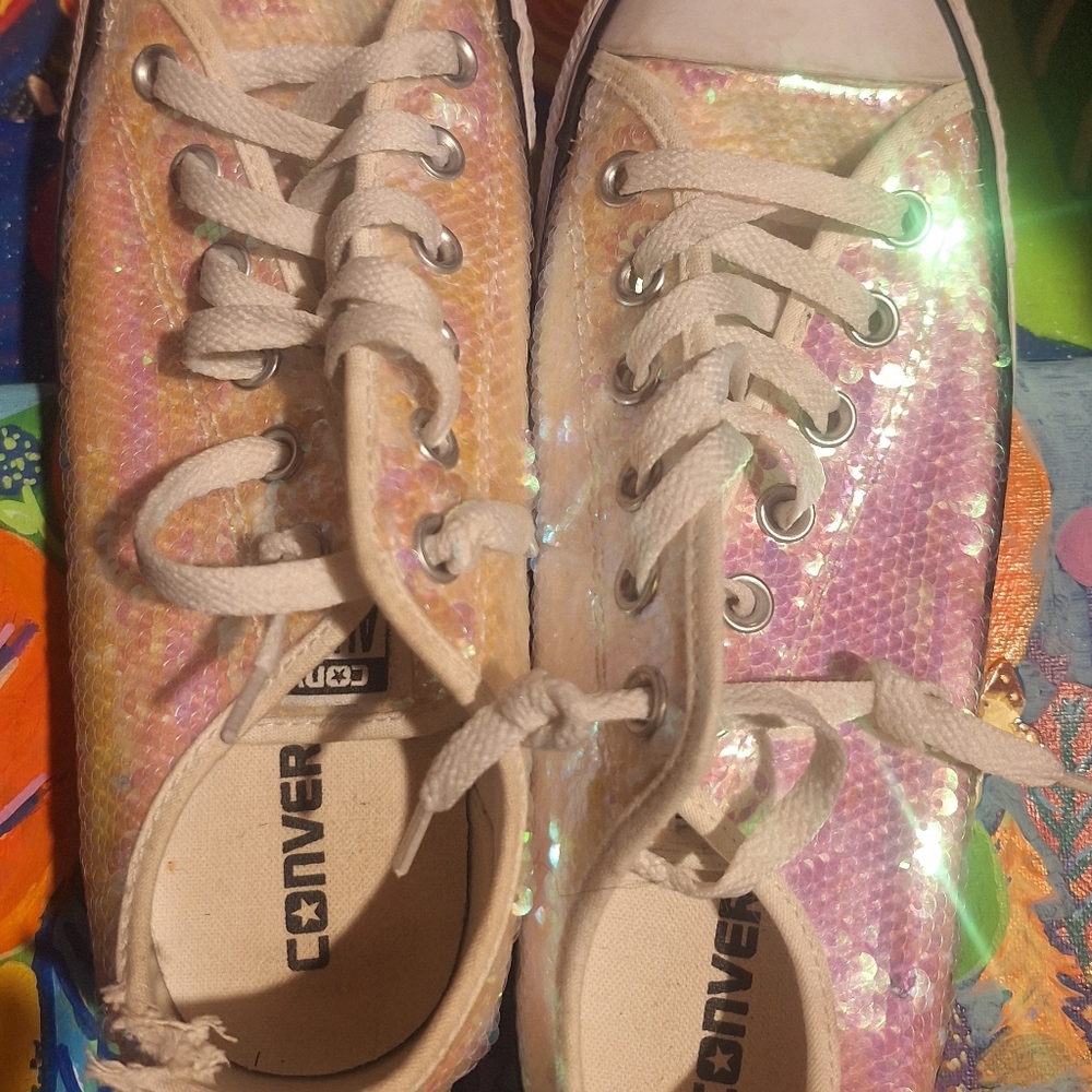 Converse Womens Iridescent Sequin Low-Top Sneakers - Pink/Gold